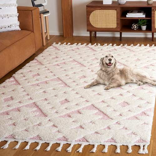 SAFAVIEH Area Rug 4x6 - Moroccan Tassel Shag Collection - Ivory & Pink, Non-Shedding & Easy to Clean, Plush High-Low Texture, Ideal for Living Room, Bedroom, Dining Space (MTS688U)