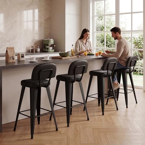 Yongchuang 24" Bar Stools Set of 4, Black Faux Leather Barstools with Back