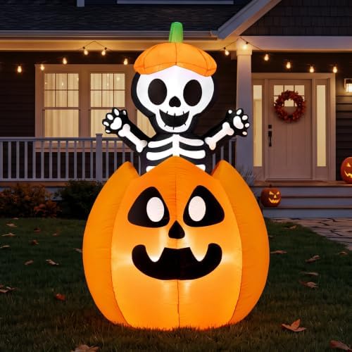 Joiedomi 5FT Halloween Animated Inflatables Outdoor Decorations, Inflatable Skeleton On Pumpkin with LEDs, Cute Blow Up Pumpkin Skeleton Decor for Outside Yard Indoor Lawn Garden Party Decoration