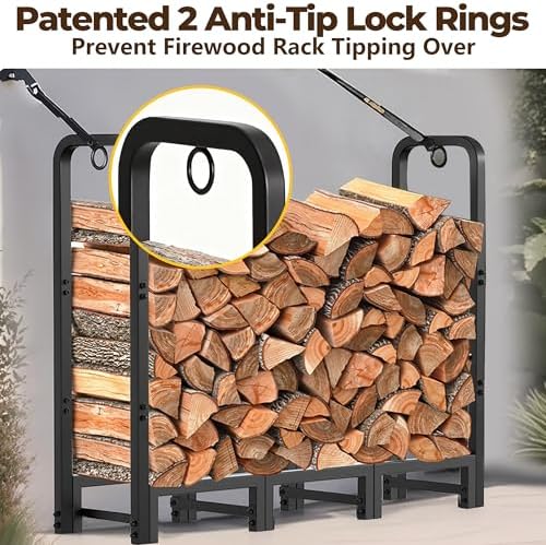 Amagabeli 4ft Firewood Rack Stand Adjustable Indoor Outdoor Fireplace Log Holder Heavy Duty Metal Wood Pile Storage Organizer Wrought Iron Lumber Stacker for Patio Black