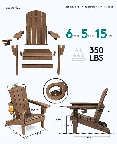 SERWALL Folding Adjustable Adirondack Chairs Set of 2, Cup Holders, Brown