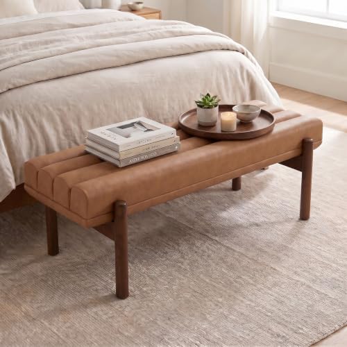 EALSON 47 Inch Entryway Bench Leather Upholstered End of Bed Bench Bedroom Bench with Cylindrical Cushion and Walnut Legs Modern Comfy Long Ottoman Bench for Bedroom Living Room, Brown