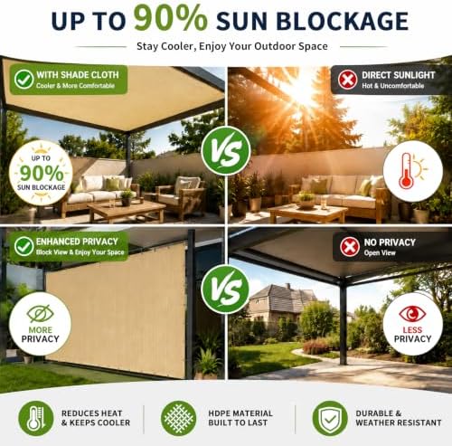 90% Outdoor Sun Shade Cloth, 6’ x 20’, Pergola, Deck, and Backyard Patio Sunshade with UV Protection, Heat Resistant HDPE Material, Reinforced Grommets (6x20 FT,Wheat)