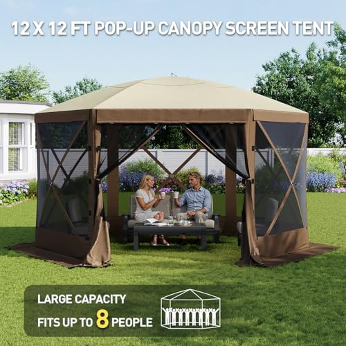Aoxun 12x12ft Pop Up Canopy Tent, Camping Gazebo Screen Tent, Brown