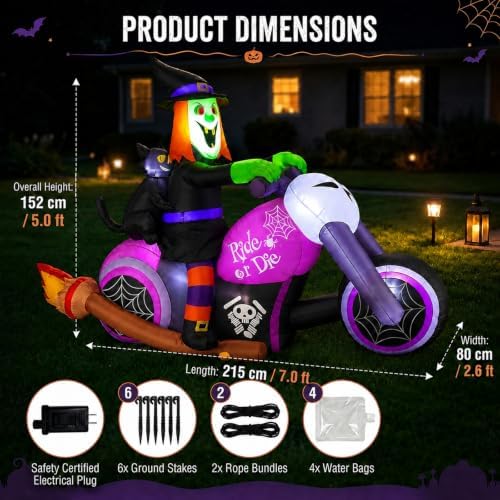 7FT Gaint Halloween Inflatables Witch on Motorcycle with Black Cat,Blow Up Outdoor Decorations with LED for Yard,Lawn, Garden, Porch and Party