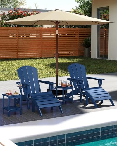GREENVINES Folding Adirondack Chairs Set of 2 w/Cup Holder, HDPE, Blue