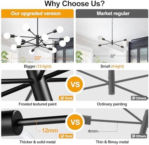 11"-52" Height Adjustable Modern Chandelier Ceiling Light Fixture, 12-Light Sputnik Chandeliers Matte Black Mid Century Chandelier Over Table, Chandeliers for Dining Room Living (Bulbs Not Included)