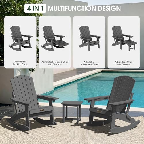 4-in-1 Adirondack Rocking Chair, HDPE, with Footrest, Grey
