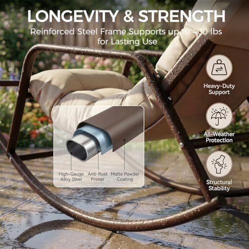 BULEXYARD Outdoor Papasan Rocking Chair with Footrest, Beige