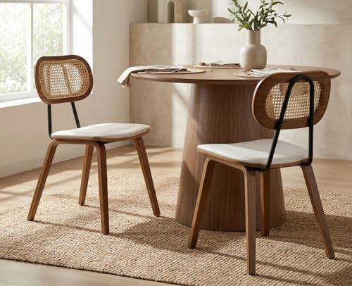 Ya-Home Mid-Century Dining Chairs Set of 2, PU Leather Kitchen Chairs with Rattan Backrest Wooden Legs Armless Design for Dining Room Living Room, Beige