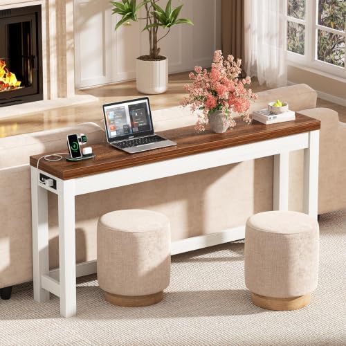 Cyclysio 63" Console Table with 2 AC Outlets & 3 USB Ports, Rustic Oak