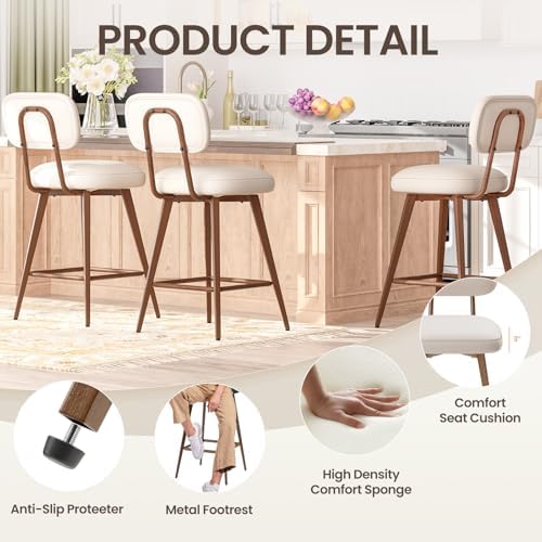 MALOL 26“ PU Leather Swivel Bar Stools Set of 3, Beige