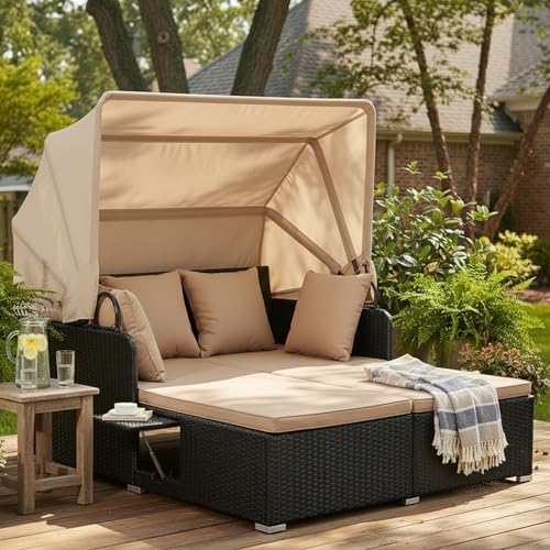 Tangkula Patio Rattan Daybed with Retractable Canopy, Outdoor Wicker Sunbed Lounger with 2 Foldable Side Tables, Thick Seat & Back Cushions, Outside Double Daybed for Garden, Backyard, Porch
