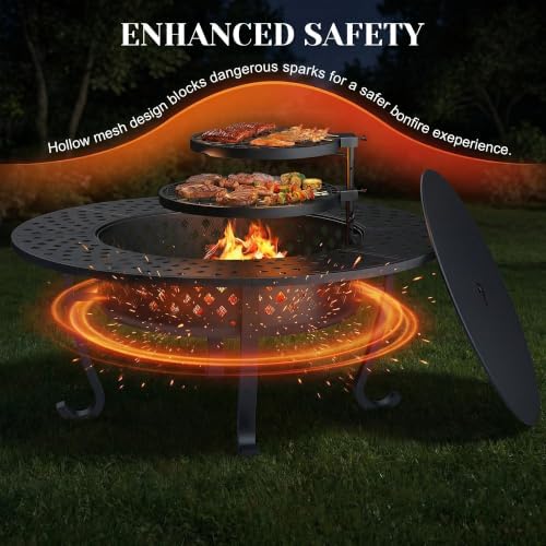 43" Fire Pit, 3 in 1 Firepit with Adjustable 2 Grills for Patio, Party