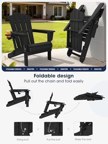 KINGYES Folding Adirondack Chair, All-Weather HDPE Material, Black, 2 Pack