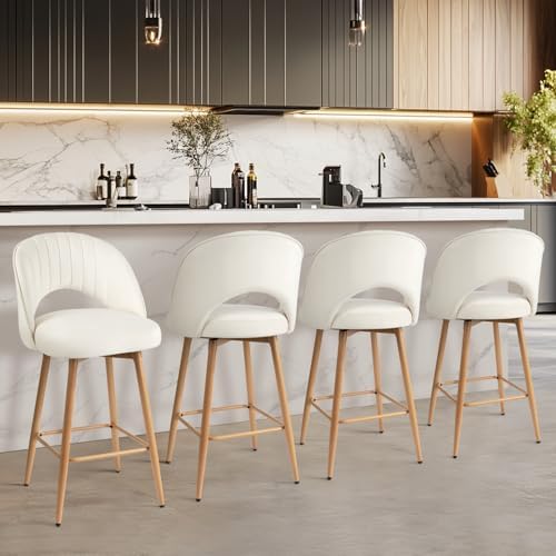 Swivel Bar Stools Set of 3, Counter Height Barstools for Kitchen Island, 26" Seat Height Bar Chairs for Dining Room, Velvet Upholstered Bar Stool with Back and Footrest, White