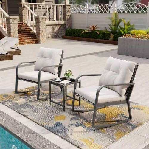 Bistro 3 Piece Patio Furniture Set, Patio Table and Rattan Outdoor Rocking Chairs Set of 2, Outdoor Bistro Conversation Set for, Garden, Balcony, Poolside, Backyard, Beige