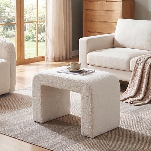 Tribesigns Set of 2 Modern Vanity Stool, Sherpa Upholstered Foot Stool Ottoman, Large Foot Rest for Couch, Shoe Bench for Entryway, Extra Seating for Living Room, Bedroom, No Assembly, White