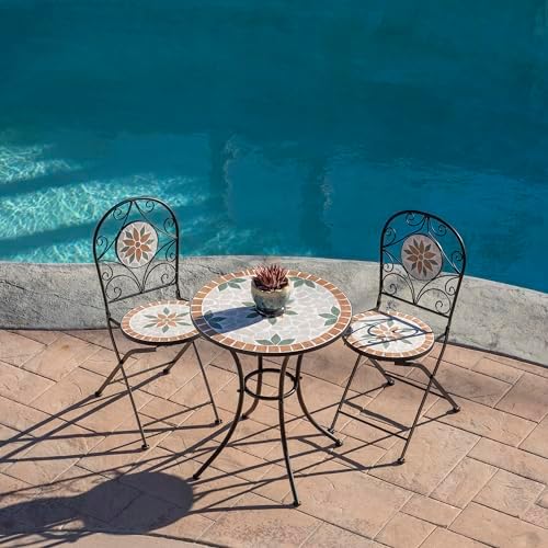 Alpine Corporation Indoor/Outdoor 3-Piece Mosaic Bistro Set Folding Table and Chairs Patio Seating, Tan