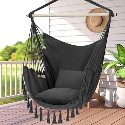Y- STOP Hammock Chair Hanging Rope Swing, Max 500 Lbs, 2 Cushions Included, Large Macrame Hanging Chair with Pocket, Cotton Weave for Superior Comfort, Durability (Dark Grey)