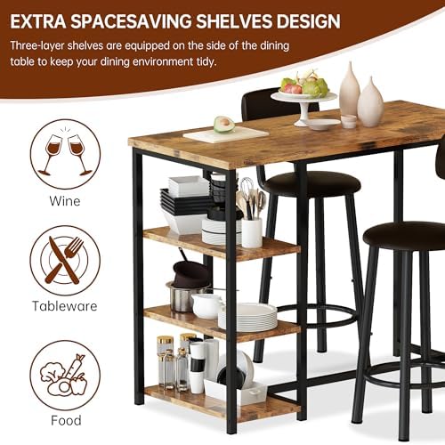 Kitchen Dining Table Set for 2, Bar Table and Chairs Set with 3 Storage Shelves, Tall Dining with 2 PU Leather Backrest Stools for Small Space, Kitchen Island, Apartment, Brown
