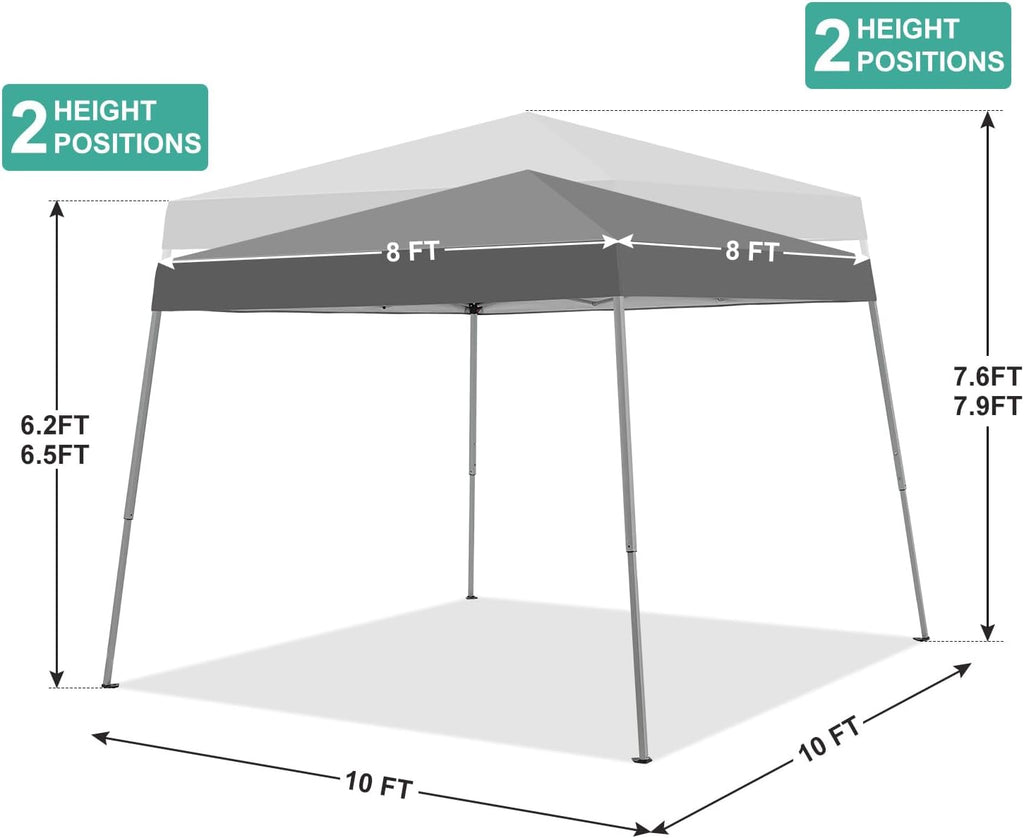 10x10ft slant leg pop up canopy tent, portable showing dimensions