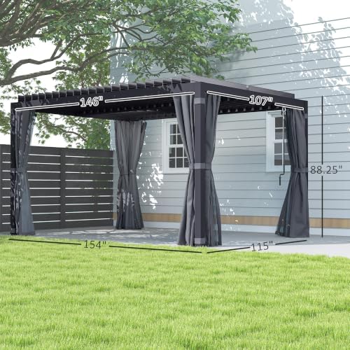 Outsunny 10 x 13 ft. Louvered Pergola Hardtop Gazebo w/Curtains Dark Gray