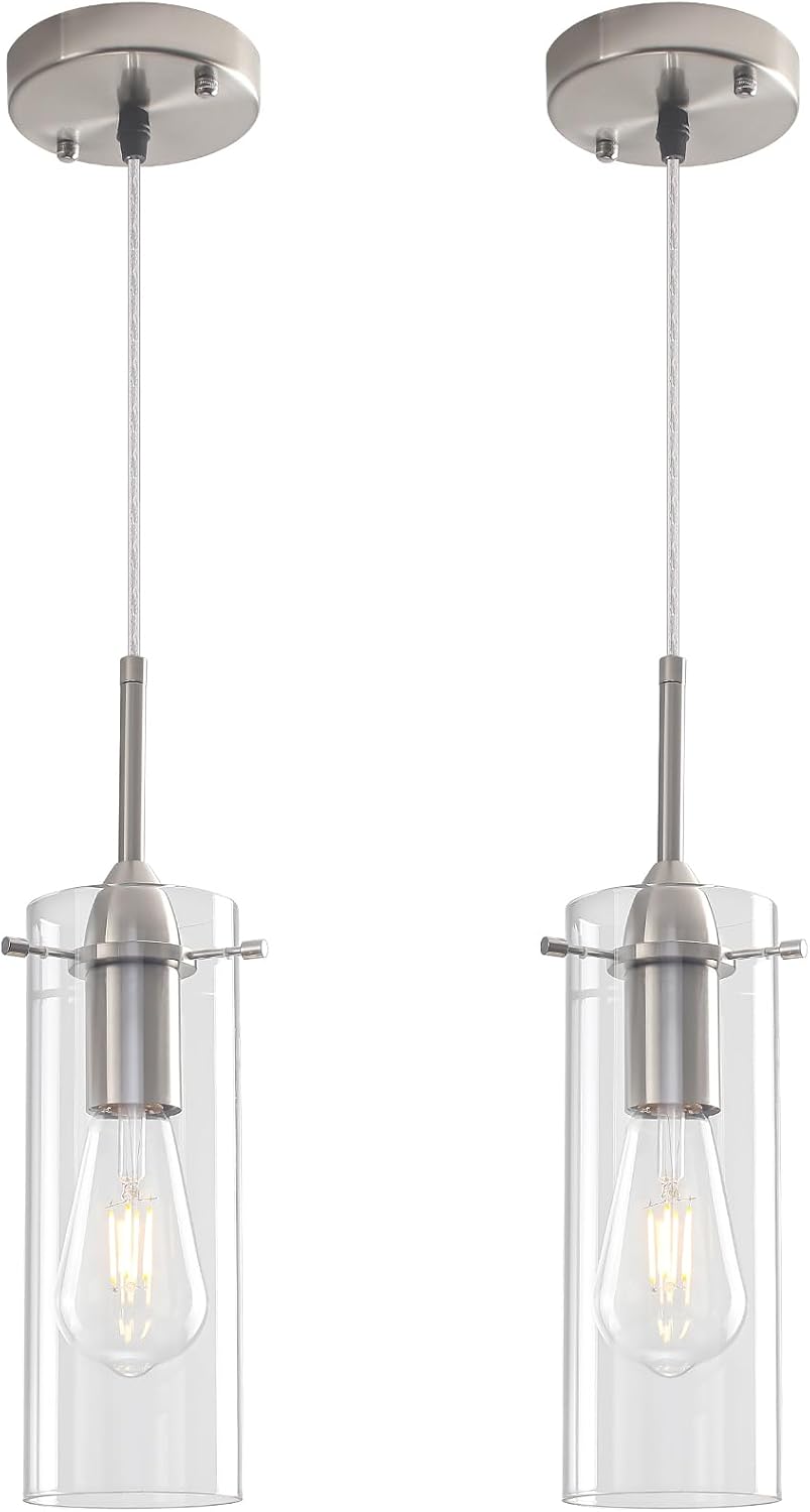 Glass Pendant Lights Kitchen Island 2 Packs, Brushed Nickel Pendant Light, Modern Clear Glass Pendant Light Fixture, Hanging Pendant Lights for Kitchen Island Dining Room Hallway