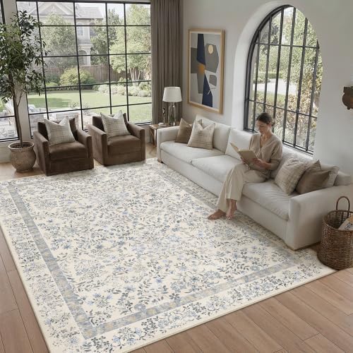 PureCozy 9x12 Blue Floral Area Rug Vintage Farmhouse Style