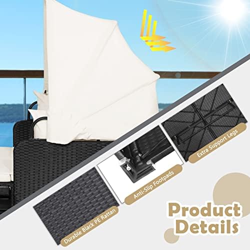 Tangkula Patio Rattan Daybed with Retractable Canopy, Outdoor Wicker Sunbed Lounger with 2 Foldable Side Tables, Thick Seat & Back Cushions, Double Daybed for Garden, Backyard, Porch (Off White)