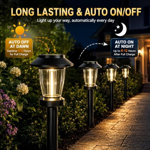 Solar Pathway Lights Outdoor, 12 Pack Warm White Tungsten Filament Solar Lights, 3 Lighting Modes, Auto On/Off, IP65 Waterproof, Dusk to Dawn Solar Garden Lights for Yard, Driveway, Lawn & Landscape