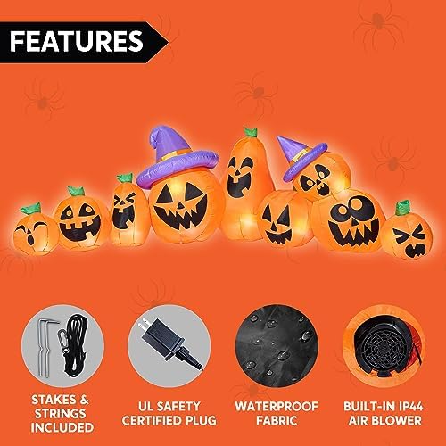 Joiedomi 12.5 FT Halloween Inflatable Pumpkin Outdoor Decorations, Blow Up Yard Decorations with Witch Hat, 9 Pcs Blow Up Pumpkin Inflatable with Built-in LEDs for Halloween Decor