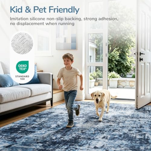 Lessymo Washable 8x10 Area Rugs for Living Room Bedroom, Abstract Navy Blue