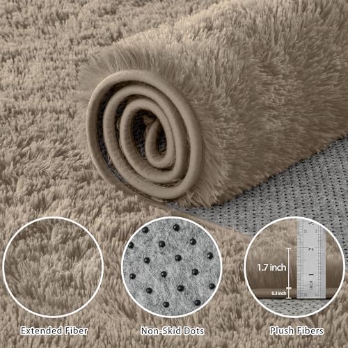 8x10 Area Rug for Living Room,Grey Camel Fluffy Shag Non-Slip Bedroom Rugs
