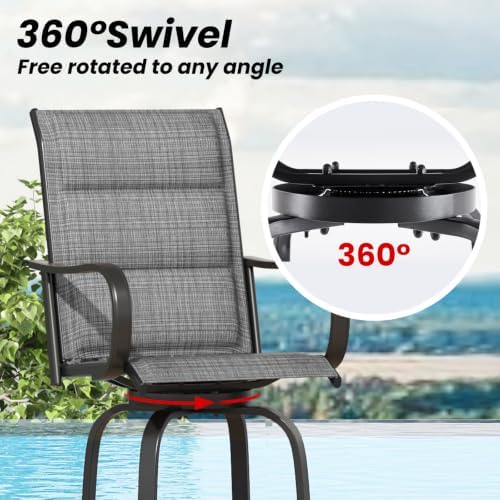 Patio Swivel Bar Stools Set of 2，All-Weather Outdoor High Bistro Stools with Textilene Fabric for Outside, Beach, Lawn, Poolside and Garden (Black/Dark Grey)