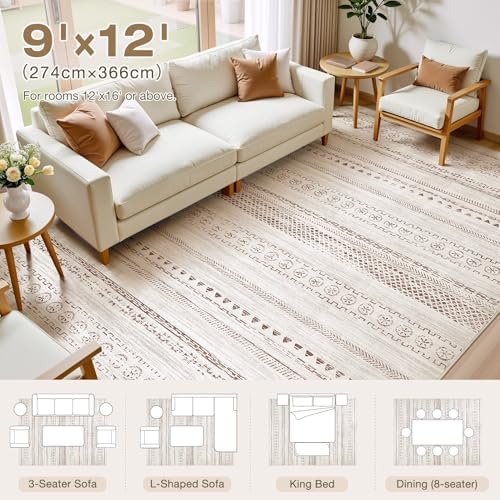 kakania Washable 9x12 Area Rug for Living Room: Boho Geometry Home Decor