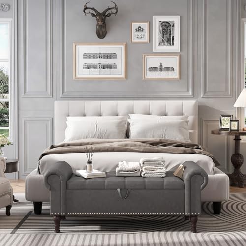 Apicizon Storage Bench for Bedroom, Upholstered End of Bed Bench, 51" Gray