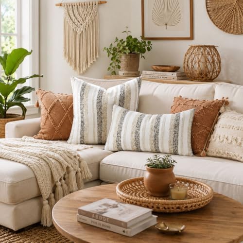 Zealax Modern Farmhouse Decorative Pillow Covers 20x20 Inch Boho Throw Pillows Neutral Soft Chenille Couch Cushion Covers, Set of 2 Velvet Striped Accent Pillows Cases for Sofa Bed Living Room, Beige