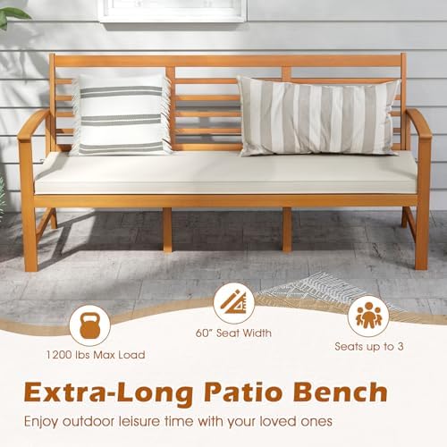 RELAX4LIFE 64’’ Outdoor Bench Acacia Wood - 3-Seat Patio Bench w/Slatted Backrest, Armrests & Seat Cushion, Extra Long Front Porch Bench for Park Poolside Yard, 1200LBS Capacity, 3-Person Garden Bench
