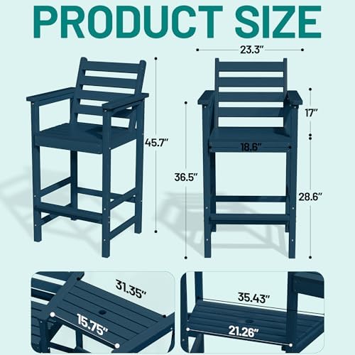 PLUUV Tall Adirondack Chairs Set of 2 with Double Table Trays, Navy