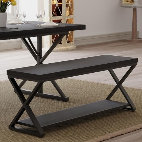 IBF Rustic Entryway Bench with Storage, Black Wood and Metal Bench