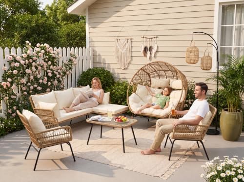 NICESOUL 6 Piece Boho Patio Furniture Set, 500lbs Heavy Duty Wicker Outdoor Sectional with Double Egg Chair, Cozy L-Shape Couch Sofa Seating w/Glass Coffee Table, Beige