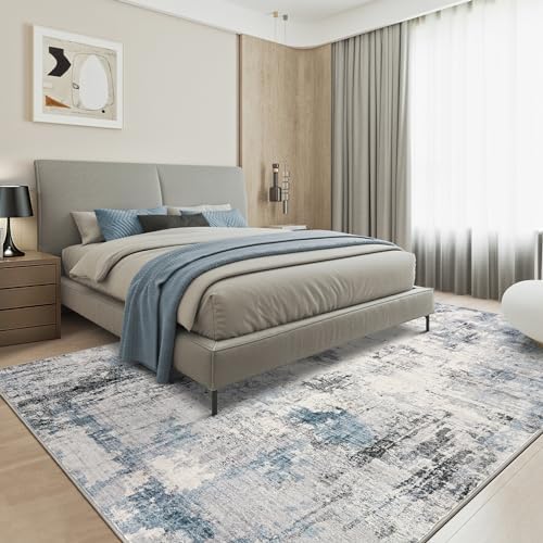 Abstract 8x10 Area Rug: Machine Washable Non Slip Ultra Thin Low-Pile Carpet, Soft Stain Resistant for Living Dining Room Bedroom, Kid Pet Friendly, Robot Vacuum Compatible - Grey Blue