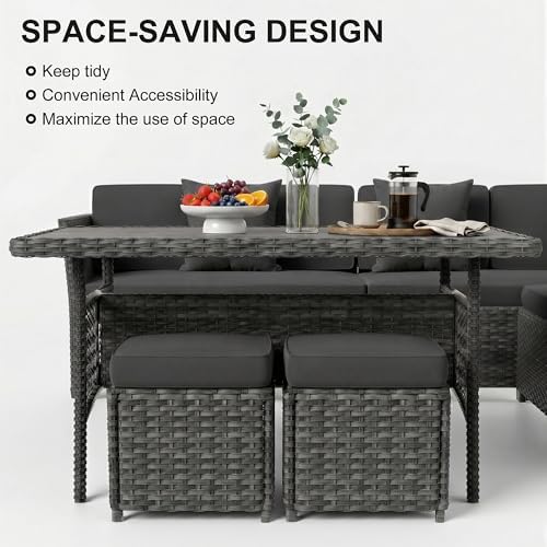 LOUVIXA 7 Pieces Patio Furniture Set, Outdoor Patio Furniture, Wicker Conversation Set with Dining Table, Chairs and Ottoman (6227 Grey-Grey)