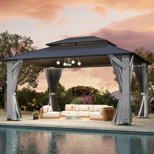 12'x16' Hardtop Wood Gazebo, Outdoor Double Roof Galvanized Steel Top Gazebo with Wooden Post, Curtains & Netting for Backyard, Patio, Deck (12x16 FT)