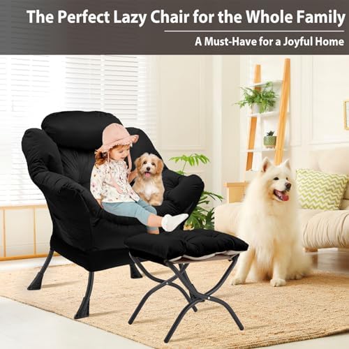 Youtanic Lazy Chair with Folding Ottoman, Accent Chair Velvet Upholstered with Metal Structure and Non-Slip Pads, Sofa Armchair with Footrest and Side Storage Bag for Dorm, Room, Office, Black