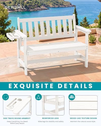 SERWALL HDPE Outdoor Bench with Foldable Cup Holder, 1 Pack, White