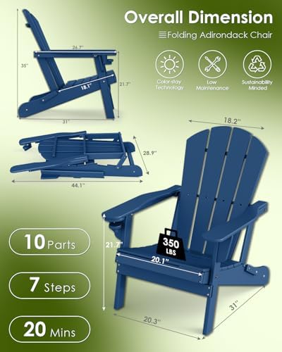 GREENVINES Folding Adirondack Chairs Set of 2 w/Cup Holder, HDPE, Blue