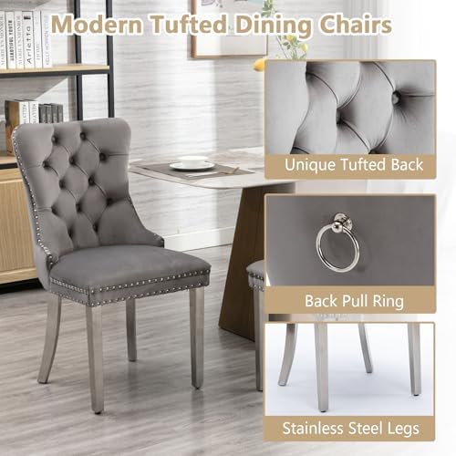 5 Piece Glass Dining Table Set Modern Glass Dining Table Set for 4, 51" Rectangular Kitchen Table and 4 Velvet Upholstered Chairs for Kitchen Dining Room, Silver Table & Grey Chair