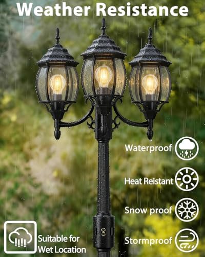 Redluck Motion Sensor Outdoor Post Lights, 3-Head Dusk to Dawn Lamp Post